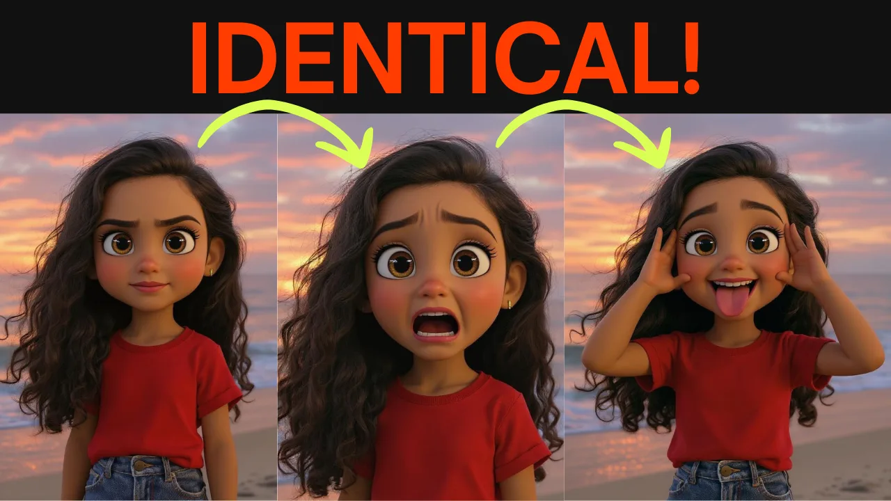 The same cartoon girl in three expressions, the face unchanged